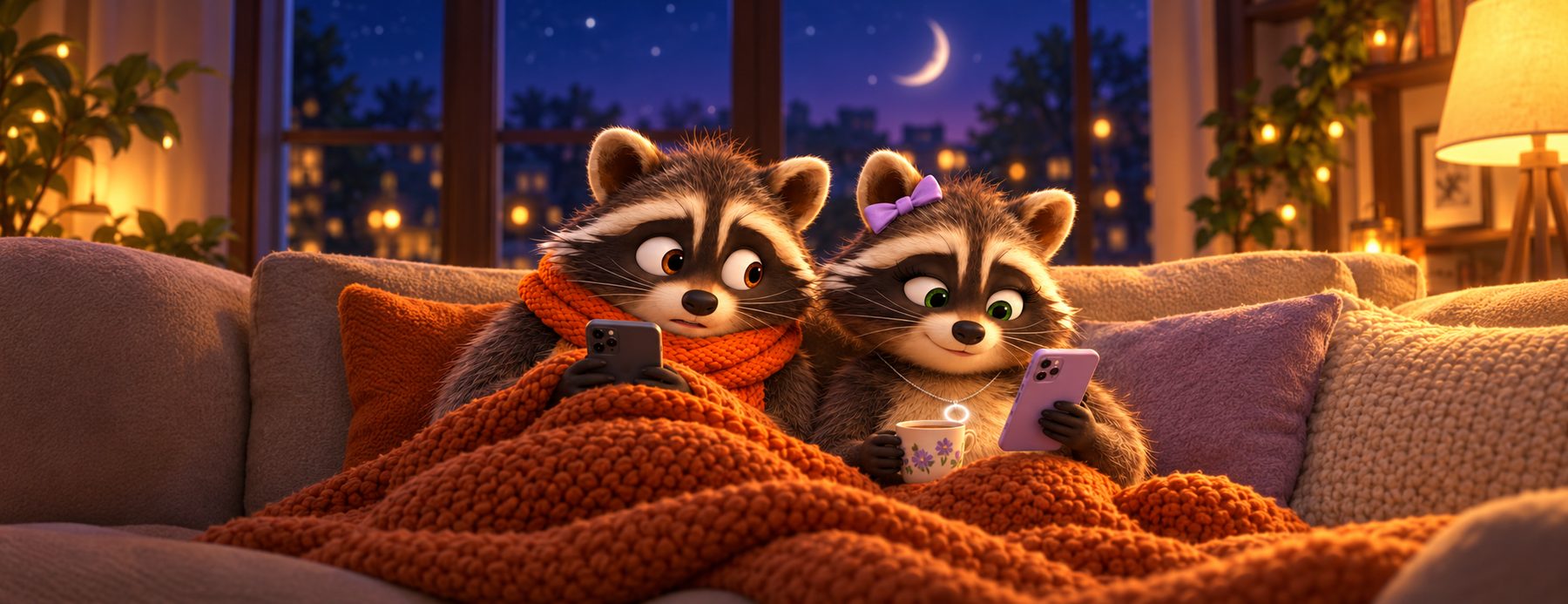 Retro under a blanket and Luna with a cup of tea, each reading their own horoscope on the sofa at night